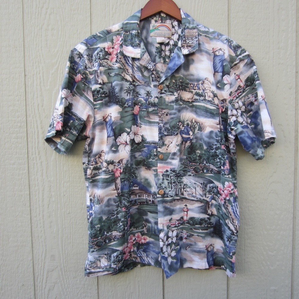 VTG Paradise Found‎ Hawaiian Shirts Mens L Blue Green Floral Golf Scene Cotton